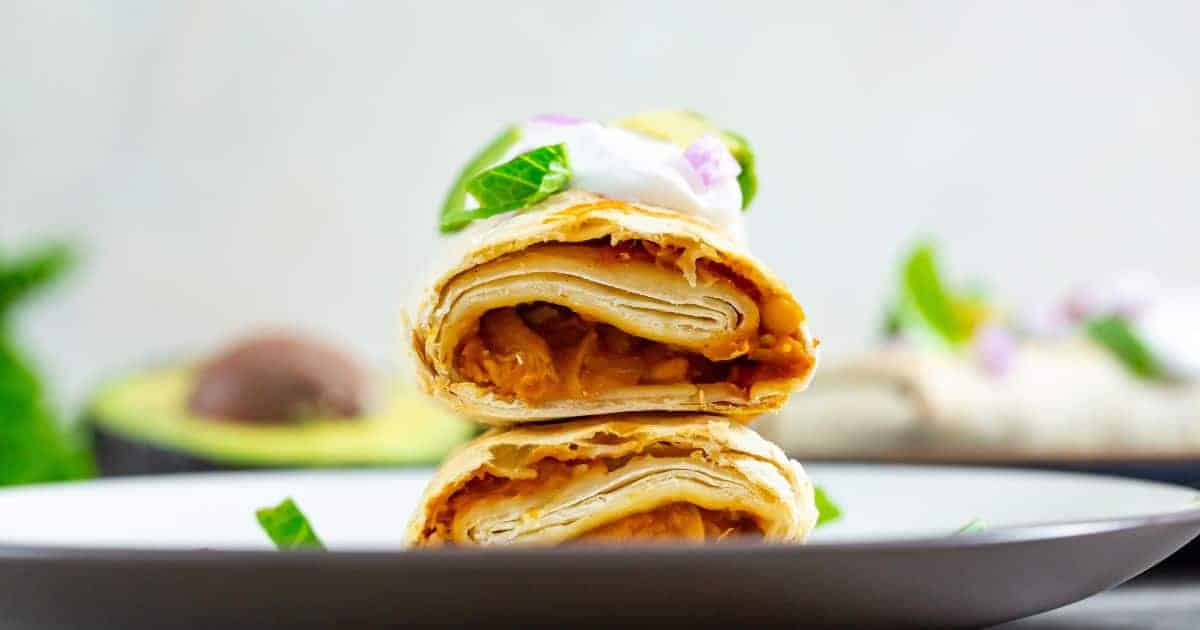 Quick & Easy Air Fryer Trader Joe's Chicken Burrito on a blue plate with lettuce, red onion, avocados, sour cream and salsa on the side.