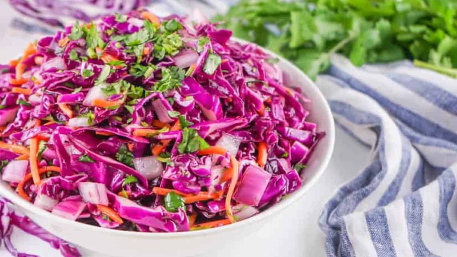 A bowl of fresh red cabbage coleslaw garnished with herbs.
