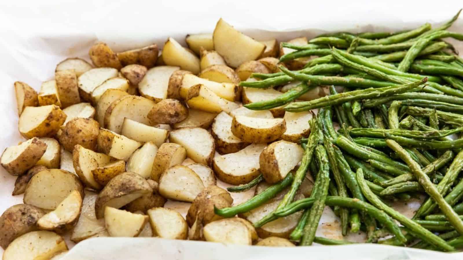 Roasted Potatoes and Green Beans with parsley, salt, and pepper.