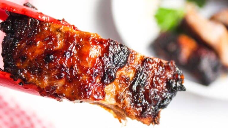 Close-up of a glazed barbecued rib with a charred surface, served on a white plate.