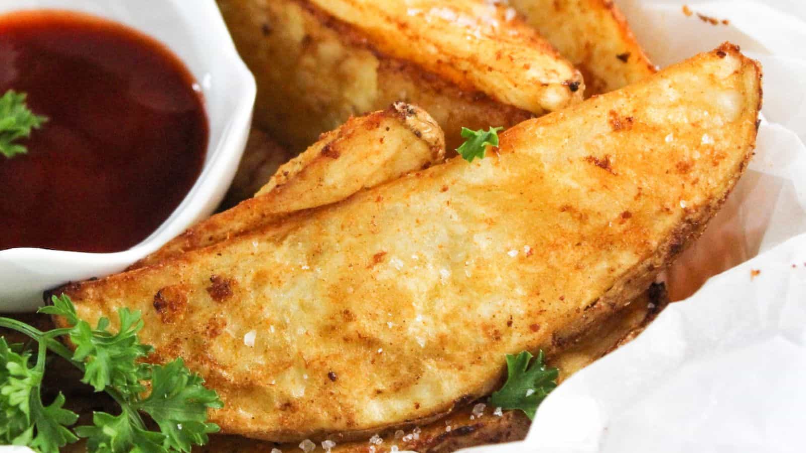 Fried potato wedges with ketchup and parsley.