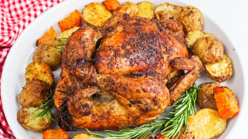 Roasted chicken surrounded by potatoes and carrots on a white plate garnished with rosemary sprigs.