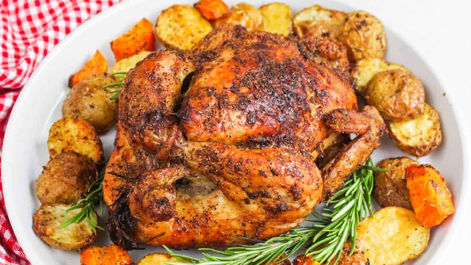 Roasted chicken with potatoes and carrots on a white plate.