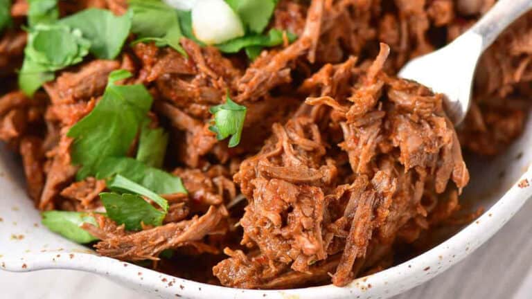 A bowl of pulled beef garnished with fresh herbs.