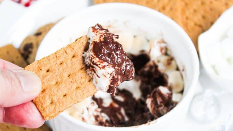 A hand dipping a graham cracker into a bowl of chocolate dessert.