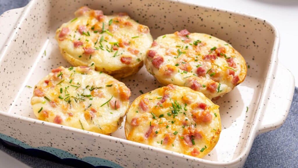 Baked stuffed potatoes with cheese and bacon bits garnished with chives in a ceramic dish.