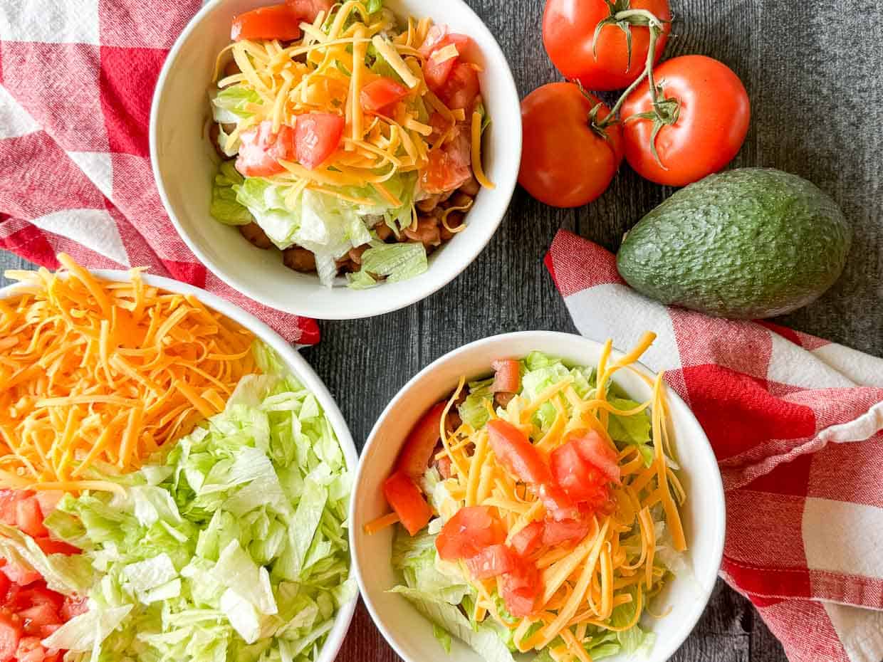 Bowl filled with burrito fillings.