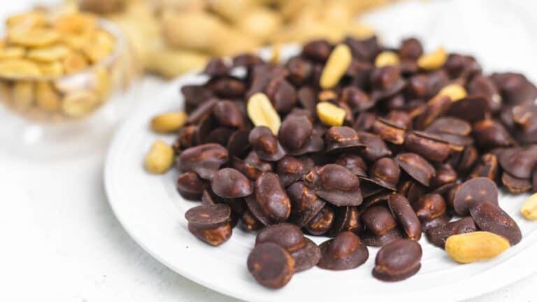 A white plate filled with chocolate-covered peanuts.