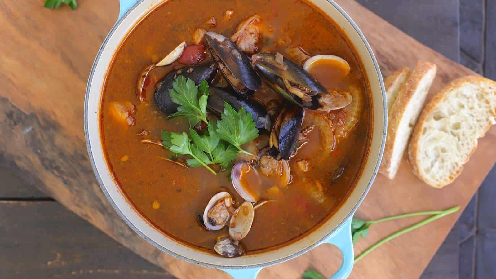 A bowl of seafood stew with visible clams, mussels, and chopped parsley, served with slices of bread on a wooden board.