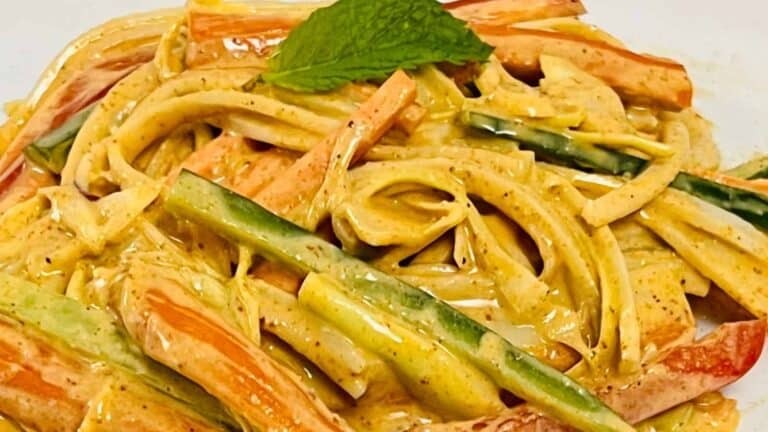 Close-up of a creamy pasta dish with sliced carrots, cucumber, and a mint leaf garnish.