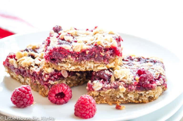 Plate of raspberry crumble bars with fresh raspberries on a white plate, bright background.