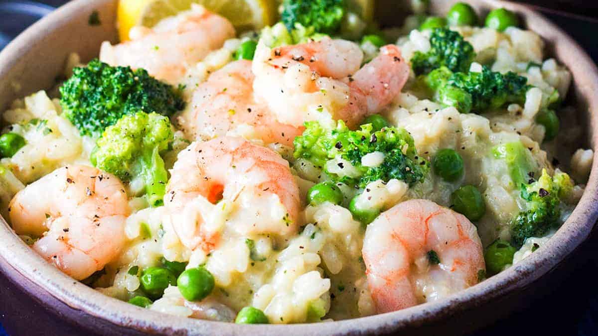 a dish of a dish of Shrimp Risotto with Broccoli.