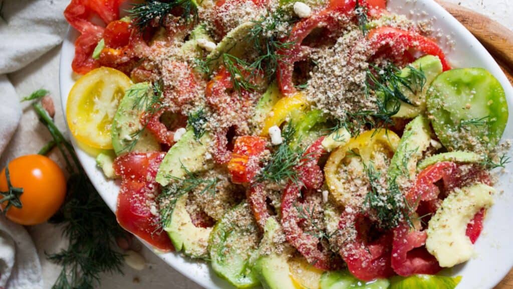 Close up on tomato avocado salad.