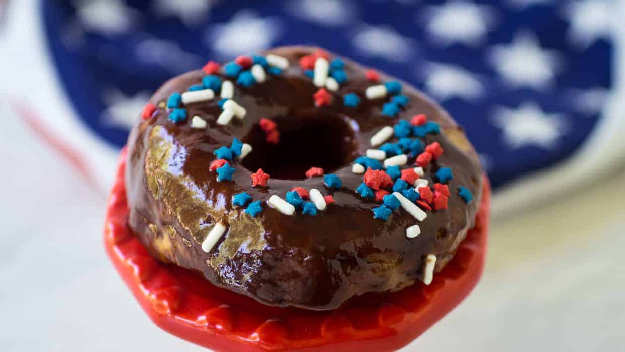 Air Fryer Donuts with chocolate glaze and sprinkles.