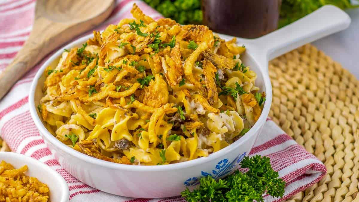 A bowl of French onion casserole