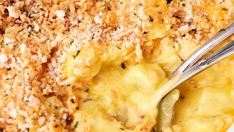 Close-up of a creamy, golden-brown macaroni and cheese dish topped with crispy breadcrumbs, with a spoon partially visible in the dish.