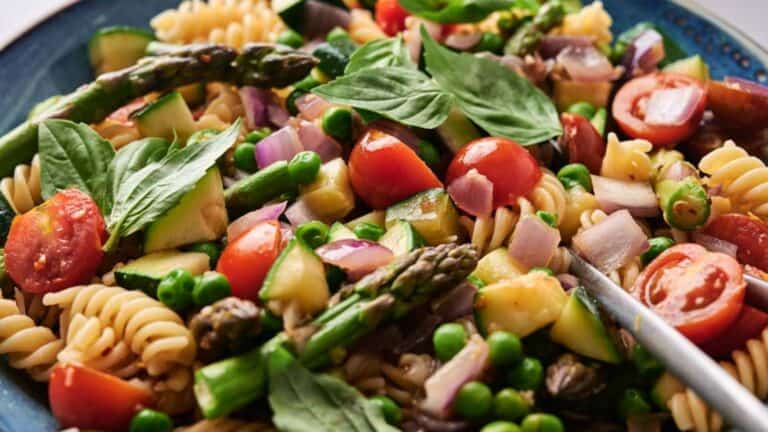 A colorful pasta salad with fusilli, cherry tomatoes, asparagus, peas, red onions, and fresh basil leaves on a blue plate.