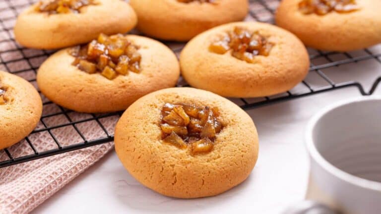 Close-up of baked apple pie cookies with a fruit topping, cooling on a black wire rack. A pink kitchen towel and a white mug are partially visible in the background.