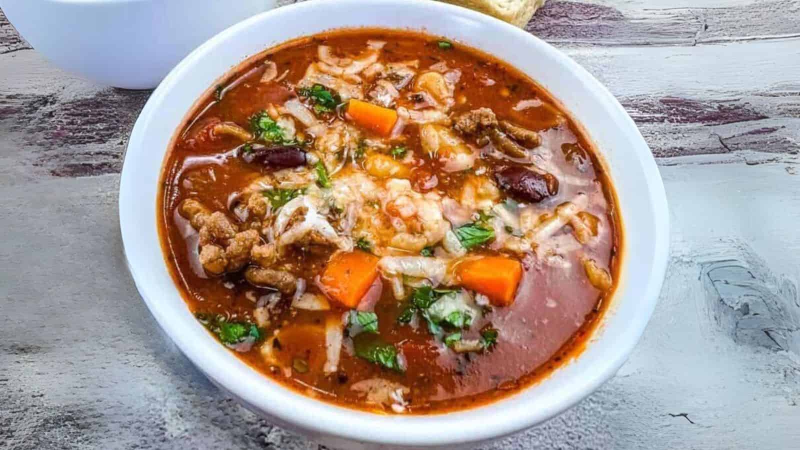 A bowl of Copycat Olive Garden Pasta e Fagioli Soup.