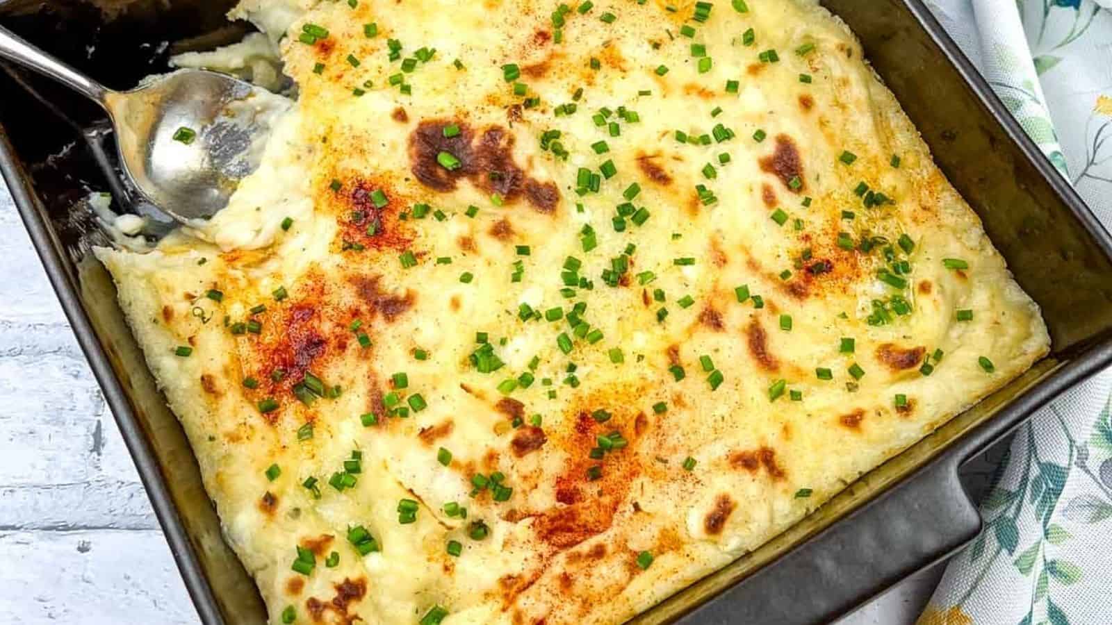 Grandma's Mashed Potato Casserole on a tray.