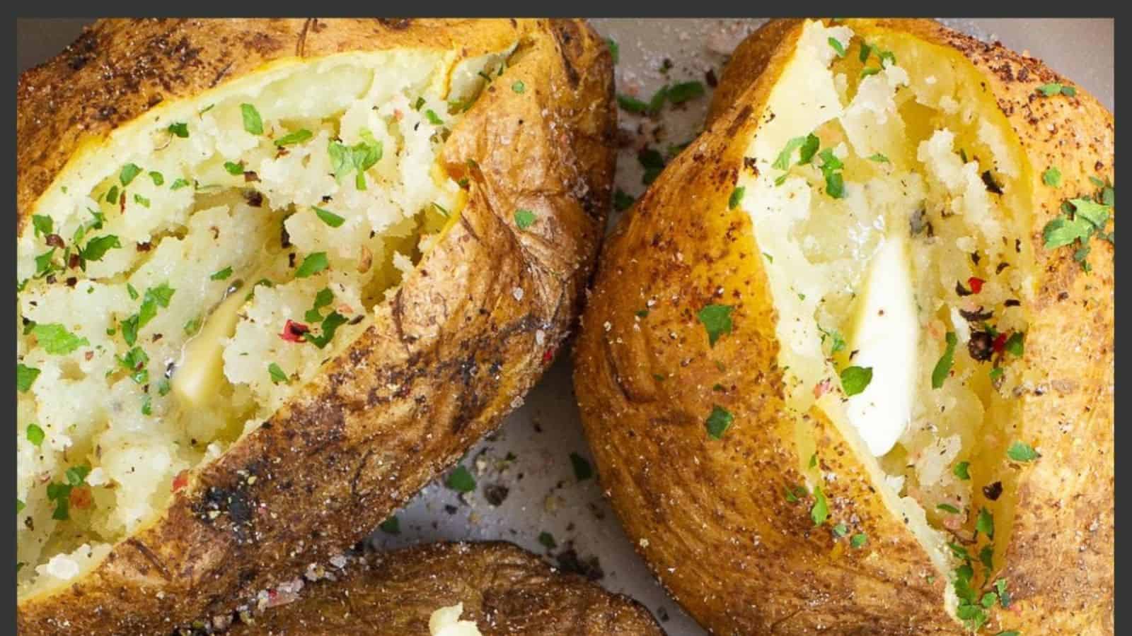 Baked potatoes made in an air fryer with a crispy texture.