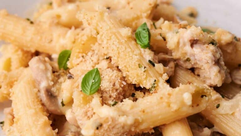 Close-up of a pasta dish with penne, cheese, breadcrumbs, herbs, and small basil leaves. The dish appears creamy and garnished with seasoning.