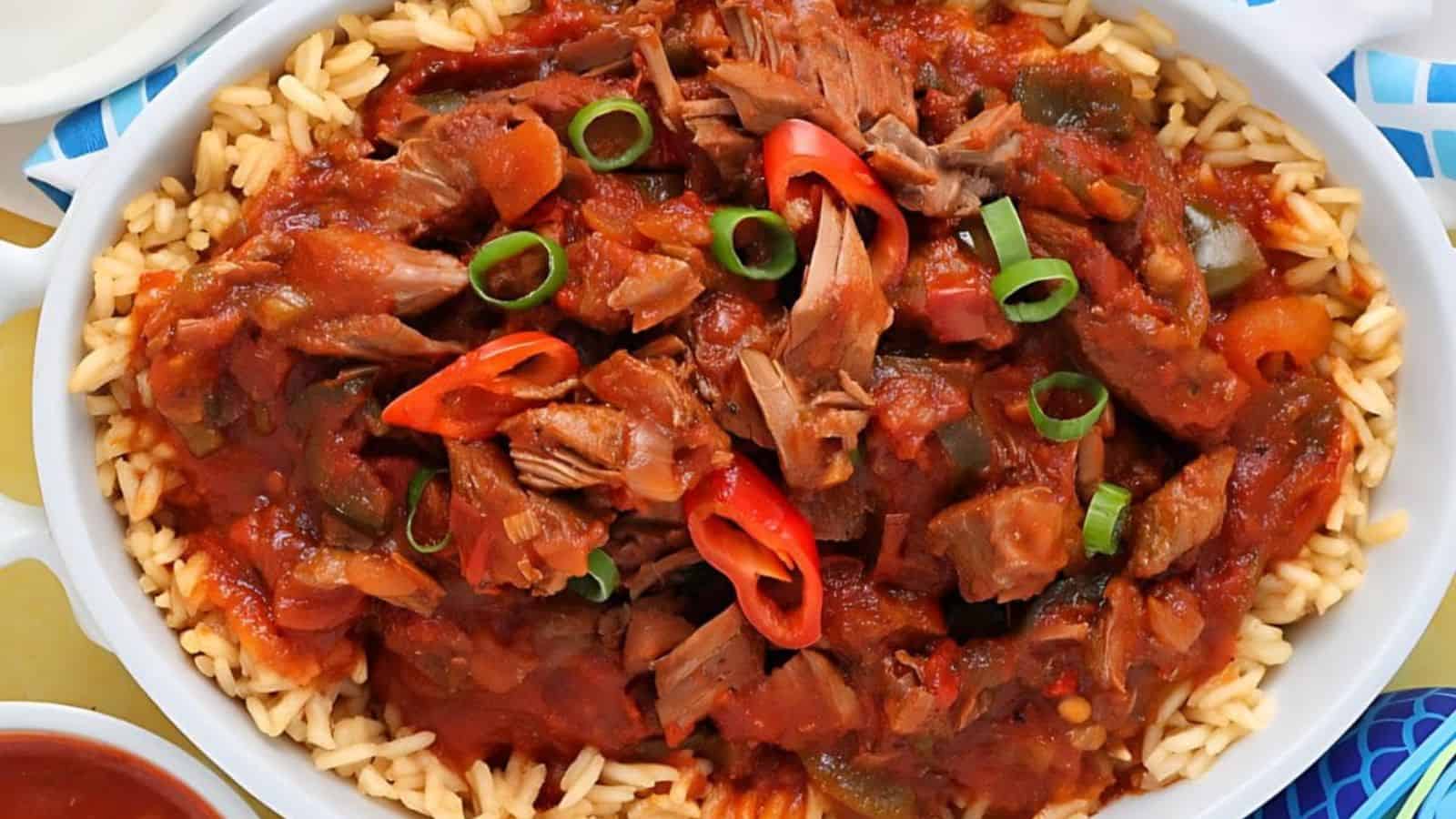 Steak Picado served with peppers and onions in a flavorful sauce.