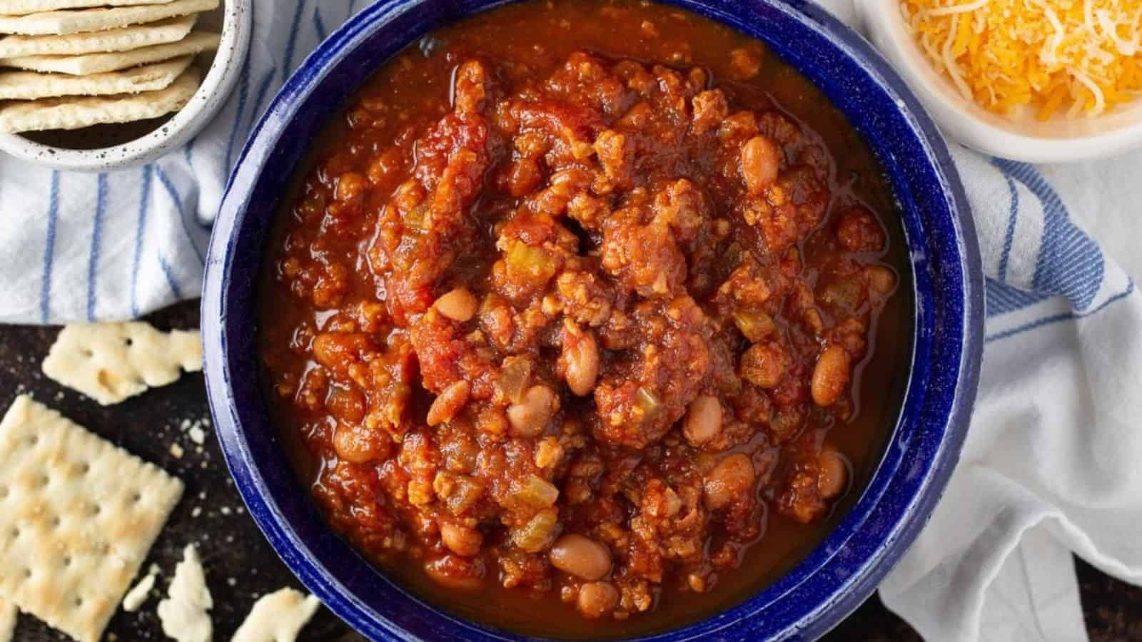 A bowl of Wendy’s-style chili with a hearty and savory appearance.