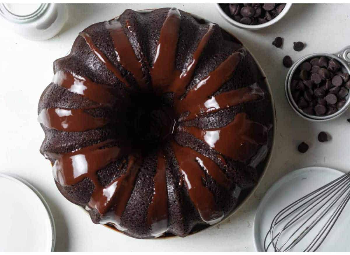 An overhead shot of a brownie bundt cake.