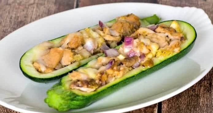 Tuna Stuffed Zucchini Boats on white platter.