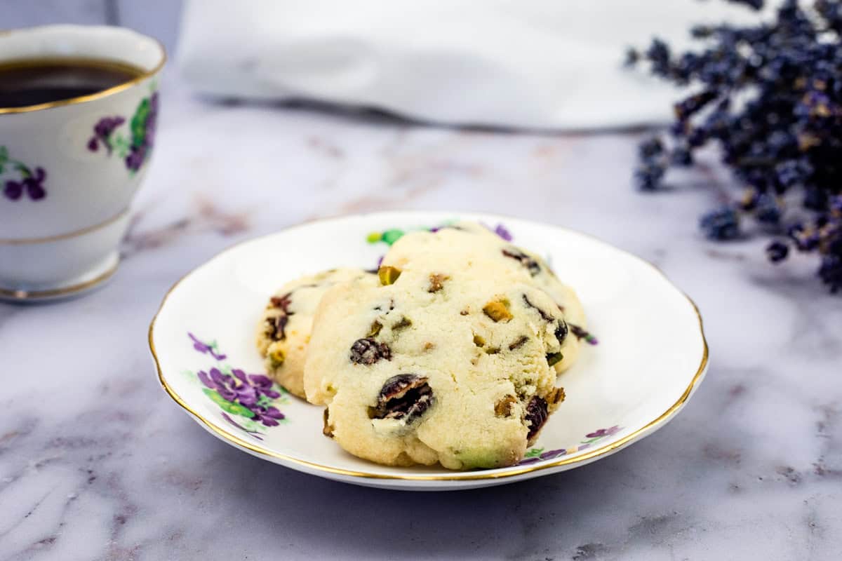 A plate of Cranberry and Pistachio Shortbread.