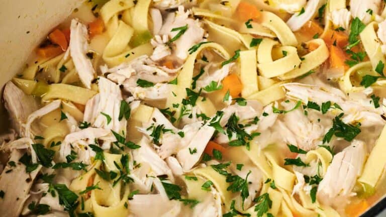 Chicken noodle soup with shredded chicken, carrots, celery, wide noodles, and fresh parsley in a broth.